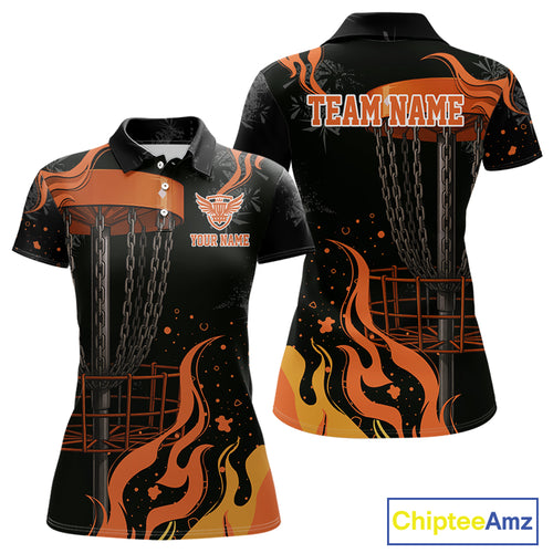 Black and Orange Flame Disc Golf basket Women Disc golf polo shirts Custom team disc golf outfit NQS10811