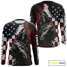 Load image into Gallery viewer, Grim Reaper Largemouth Bass Jersey – American Flag Patriotic Fisherman Long Sleeve Fishing Shirt