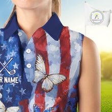 Load image into Gallery viewer, Personalized American Flag Butterfly Womens Sleeveless Golf Polo Shirt – Custom Name Patriotic Team Apparel 