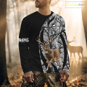 Deer Jumping Hunting 3D Black Gray Camo Custom Name All Over Print Shirt Hunting Shirts NHT206