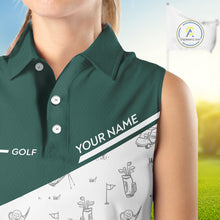 Load image into Gallery viewer, Green White Golf Pattern Sleeveless Womens Golf Tops Custom Ladies Golf Shirts, Green Golf Tops NHT884