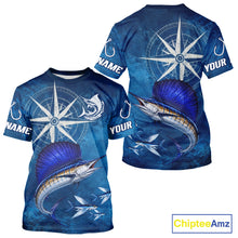 Load image into Gallery viewer, Sailfish Short Sleeve Fishing T-Shirts Gift For Men – Deep Sea Angler Ocean Compass Design