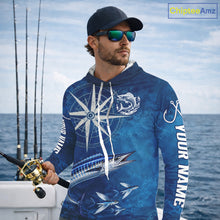 Load image into Gallery viewer, Wahoo Fishing Shirt Long Sleeve Hooded Gift For Men – Deep Sea Angler Ocean Compass Design