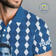 Load image into Gallery viewer, Mens Golf Polo Shirt Custom Photo Face Blue Argyle Plaid Pattern, Father's Day Golfing Gifts NHT742