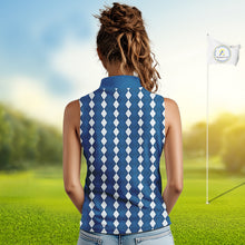 Load image into Gallery viewer, Sleeveless Womens Golf Polo Shirt Custom Photo Face Blue Argyle Plaid Pattern, Mother's Day Golfing Gifts NHT742