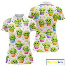 Load image into Gallery viewer, Funny Cactus Flower Pattern Womens Golf Polo Shirt, Cute Cartoon Plant Shirt Personalized, Colorful Succulent Shirt NHT556