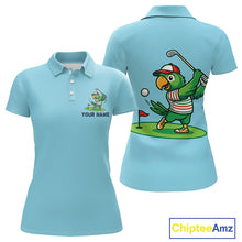 Load image into Gallery viewer, Personalized Womens Golf Polo Shirt Custom Name Funny Green Parrot Design|Blue 