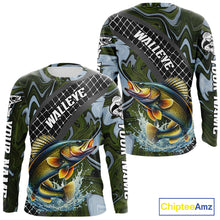 Load image into Gallery viewer, Walleye Fishing Shirts Long Sleeve Abstract Green Camo Performance Jersey For Men NHT923