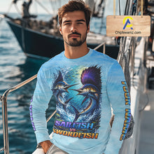 Load image into Gallery viewer, Personalized Sailfish Vs Swordfish Fishing Saltwater Long Sleeve Fishing Shirts NHT419