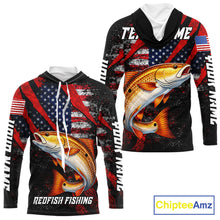 Load image into Gallery viewer, Patriotic Redfish Fishing Jersey, Fishing Shirts Hooded Long Sleeve Custom Name For Men NHT485