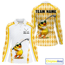 Load image into Gallery viewer, Custom Yellow &amp; White Funny Duck Golf Shirt For Womens, Golf Jersey Argyle Pattern For Womens NHT559