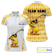 Load image into Gallery viewer, Custom Yellow &amp; White Funny Duck Golf Shirt For Womens, Golf Jersey Argyle Pattern For Womens NHT559