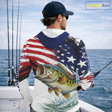 Load image into Gallery viewer, Personalized Patriotic Bass Fishing Shirts Long Sleeve Hooded, American Flag Fishing Jerseys For Men NHT773