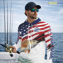 Load image into Gallery viewer, Personalized Patriotic Redfish Fishing Shirts Long Sleeve Hooded, American Flag Fishing Jerseys For Men NHT776