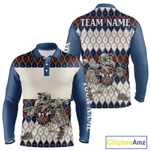 Load image into Gallery viewer, Custom Blue Red Argyle Mens Golf Polo Shirt Skull Flamingo Design, Personalized Team Name Shirt NHT794