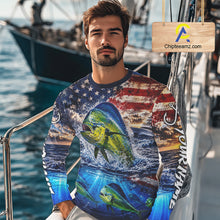 Load image into Gallery viewer, Personalized Dolphin Fish Patriotics Jersey Mahi Mahi Long Sleeve Fishing Shirt Apparel 