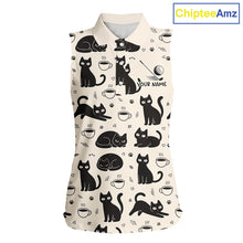 Load image into Gallery viewer, Personalized Black Cat Lover Sleeveless Women Golf Polo Shirt – Custom Name Cute Cat Pattern Shirt For Women NHT801
