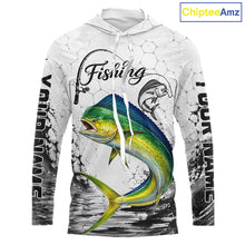 Load image into Gallery viewer, Custom Name Mahi Mahi Fishing Long Sleeve Hooded Performance Shirt, Dolphin Gift For Men 