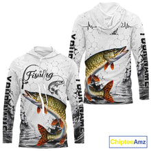 Load image into Gallery viewer, Custom Name Northern Pike Fishing Long Sleeve Hooded Performance Shirt, Pike Gift For Men 