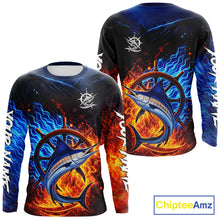 Load image into Gallery viewer, Marlin Fishing Shirt Long Sleeve Blue Fire Flame Smoke Personalized Name, Best Fishing Gift NHT427
