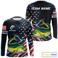 Load image into Gallery viewer, Mahi Mahi Fishing Shirt Long Sleeve USA Flag Custom Name Jersey