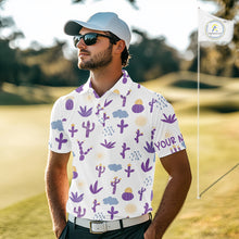 Load image into Gallery viewer, White shirt with purple cactus pattern worn by a person