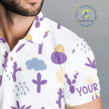 Load image into Gallery viewer, White shirt with purple cactus pattern worn by a person