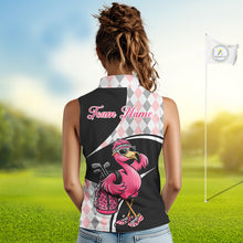 Load image into Gallery viewer, Funny Pink Flamingo Pattern Argyle Sleeveless Womens Golf Polo Shirt, Custom Flamingo Golf Shirt For Team NHT652