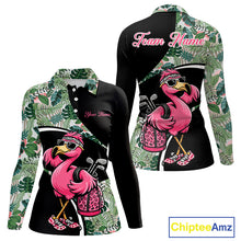 Load image into Gallery viewer, Funny Pink Flamingo Pattern Green Tropical Golf Polo Shirt For Womens, Custom Flamingo Golf Shirt For Team NHT654