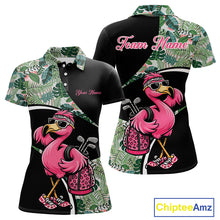 Load image into Gallery viewer, Funny Pink Flamingo Pattern Green Tropical Golf Polo Shirt For Womens, Custom Flamingo Golf Shirt For Team NHT654
