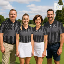Load image into Gallery viewer, Black White American Flag Womens Golf Polo Shirts Custom Name, Team Name For Women Golf Gift NHT886