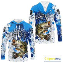 Load image into Gallery viewer, Blue Camo Custom Largemouth Bass Compass Hooded Long Sleeve Tournament Fishing Shirts NHT527