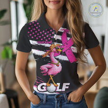 Load image into Gallery viewer, Pink Ribbon American Flag Flamingo Funny Women Golf Polo Shirts Custom Breast Cancer Awareness NHT798