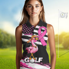 Load image into Gallery viewer, Pink Ribbon American Flag Flamingo Funny Women Golf Polo Shirts Custom Breast Cancer Awareness NHT798