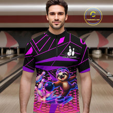 Load image into Gallery viewer, Man wearing a colorful bowling shirt with a design of a panda bowling in a bowling alley.