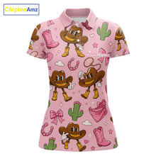 Load image into Gallery viewer, Personalized Women’s Western Polo Shirt Retro Pink Cowgirl Cartoon Pattern Custom Name NHT978 - Women's Short Sleeve Polo
...