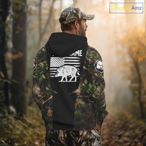 Custom Wild Boar Hunting 3D Shirt Black and Forest Camo with US Flag, Boar Hunting Gifts NHT181