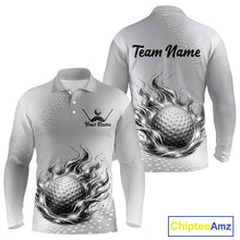 Load image into Gallery viewer, Personalized Flaming Golf Ball Mens Polo Shirt Gray Fire Design Custom Name Golf Shirts For Team NHT619