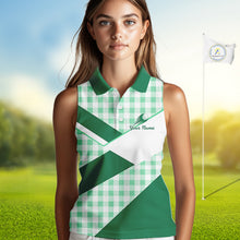 Load image into Gallery viewer, Custom Womens Sleeveless Green Gingham Plaid Golf Polo Shirts– Personalized Ladies Golf Apparel NHT716