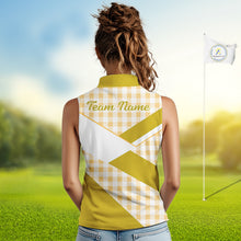Load image into Gallery viewer, Custom Womens Sleeveless Yellow Gingham Plaid Golf Polo Shirts– Personalized Ladies Golf Apparel NHT717