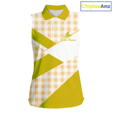 Load image into Gallery viewer, Custom Womens Sleeveless Yellow Gingham Plaid Golf Polo Shirts– Personalized Ladies Golf Apparel NHT717