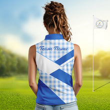 Load image into Gallery viewer, Custom Womens Sleeveless Blue Gingham Plaid Golf Polo Shirts– Personalized Ladies Golf Apparel NHT718
