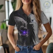 Load image into Gallery viewer, Person wearing a black and gray polo shirt with a skull design and 'Your Name' text.