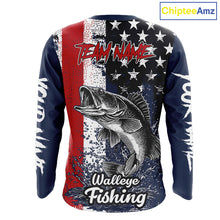 Load image into Gallery viewer, Walleye Custom US Flag Long Sleeve Fishing Shirt, Men's Fishing Shirt NHT412