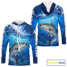 Load image into Gallery viewer, Striped Bass Fishing Jersey Ocean Blue 3D All Over Print Long Sleeve Hooded Performance Shirt NHT1084