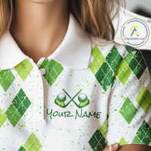 Load image into Gallery viewer, Green Argyle Womens Golf Polo Shirt, Pattern Golf Shirts Custom Team Golf Polo NHT574