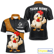 Load image into Gallery viewer, Funny chicken men golf polo shirt with rooster golfer design and custom name