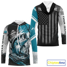 Load image into Gallery viewer, Personalized Bass Fishing Shirts Long Sleeve Hooded, Patriotic American Flag Fishing Jersey 