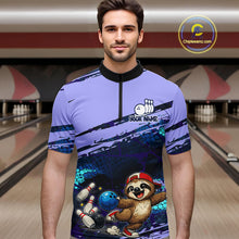 Load image into Gallery viewer, Man wearing a custom bowling shirt with a sloth holding a bowling ball design in a bowling alley.