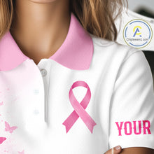 Load image into Gallery viewer, Personalized Breast Cancer Awareness Women’s Golf Polo Pink Ribbon &amp; Butterflies Custom Name